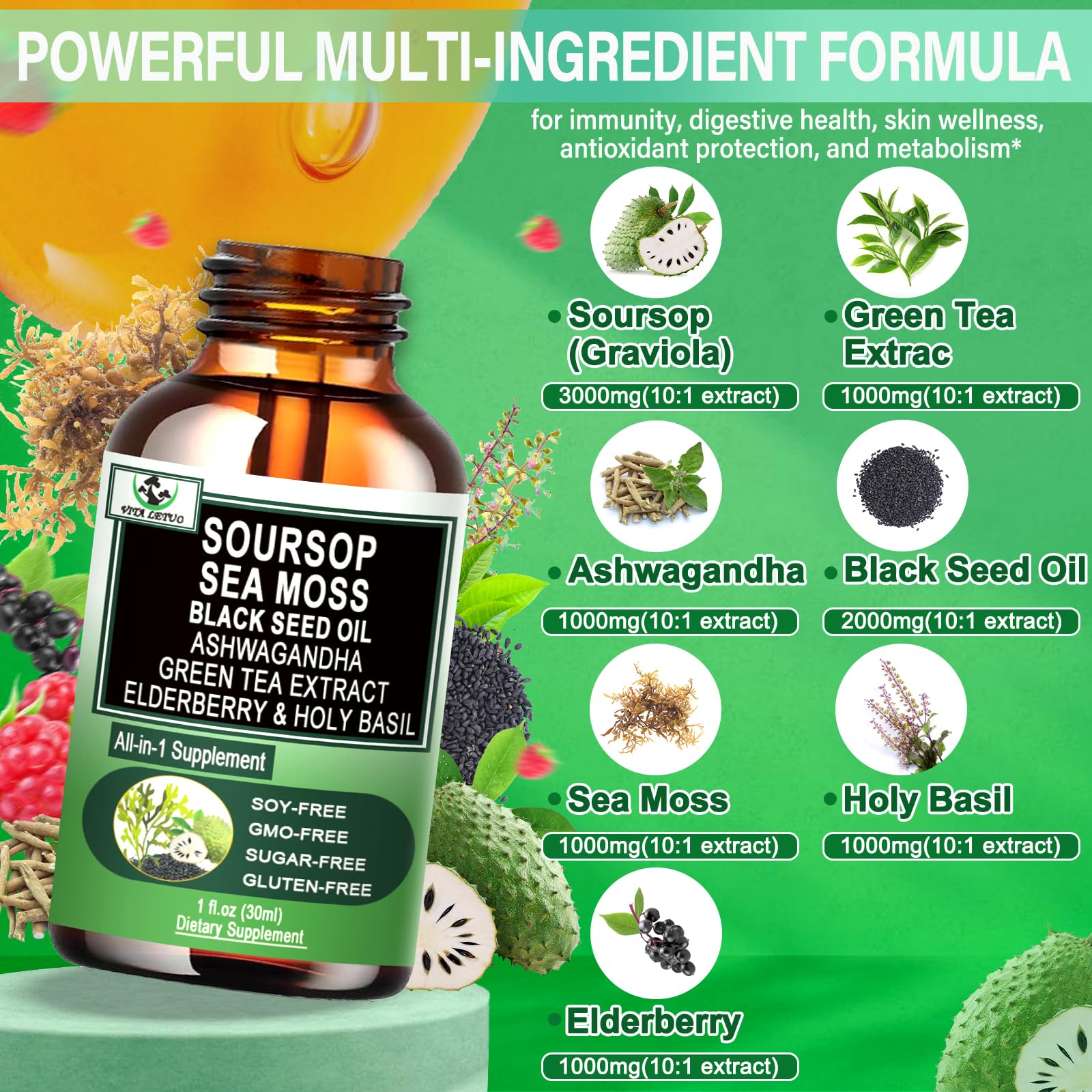 Ingredients label for Soursop Drops showing GMP facility and no GMOs
