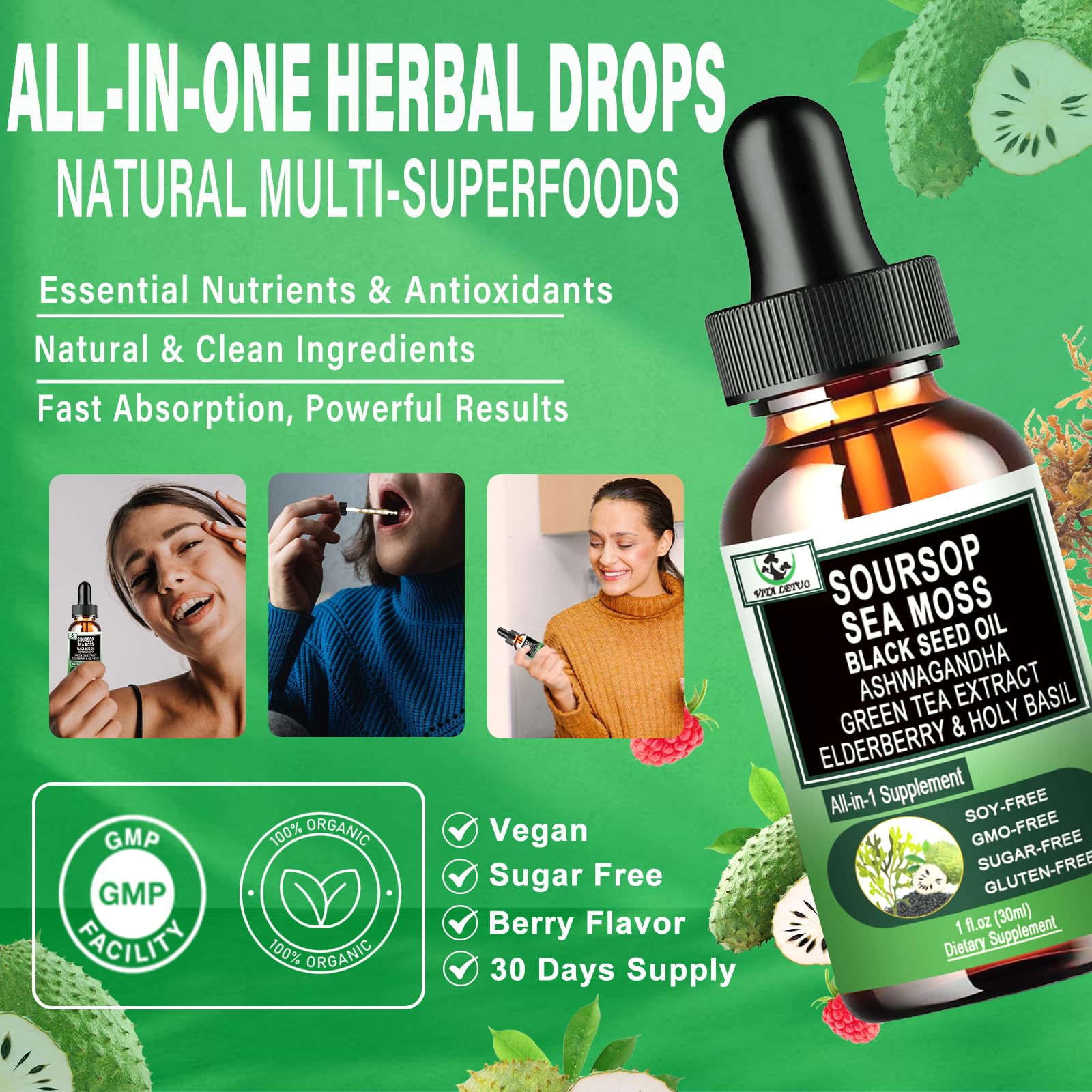 Front packaging view of Soursop Drops bottle