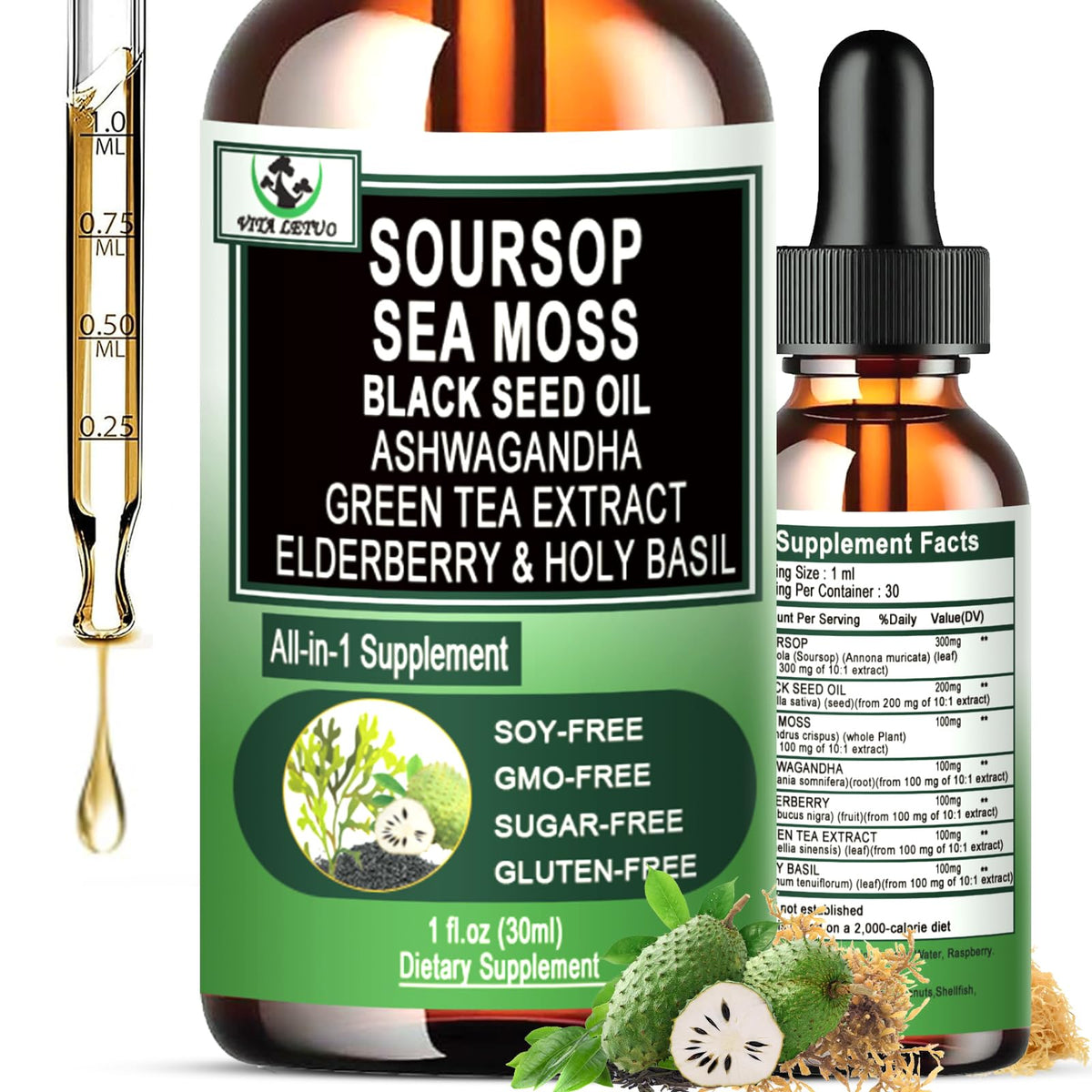 Soursop Drops hero image featuring Sea Moss, Black Seed Oil and Elderberry