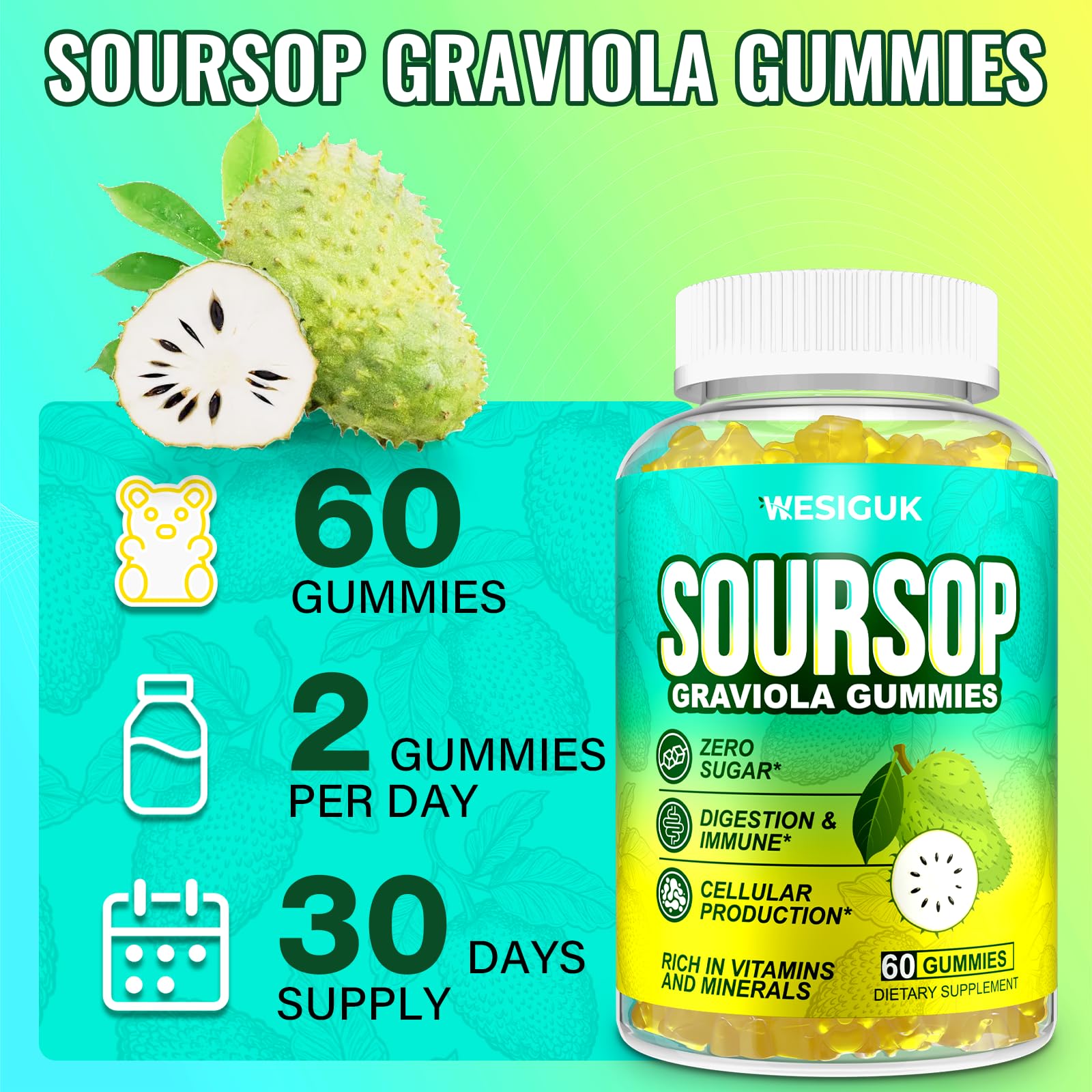 Packaging and bottle of Soursop Graviola Gummies