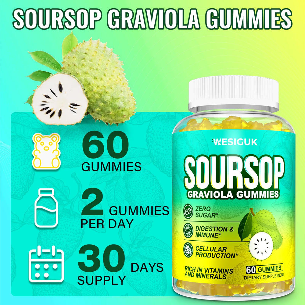 Packaging and bottle of Soursop Graviola Gummies