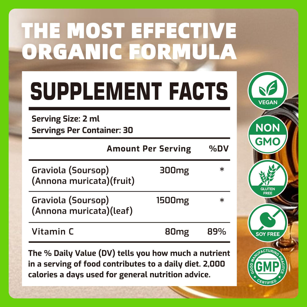 Close-up of Soursop Graviola liquid drop bottle label