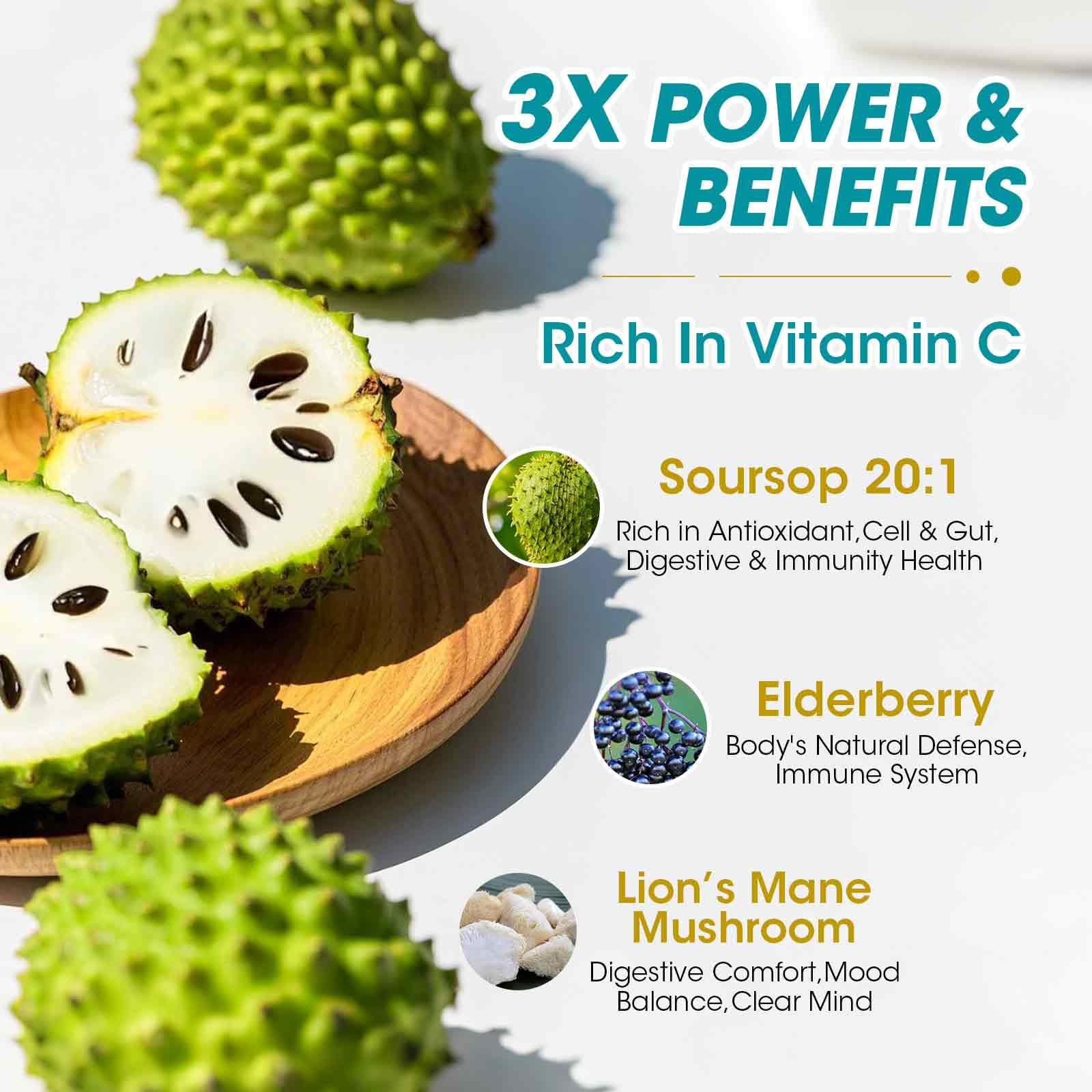Close-up of ingredients: elderberry, lion's mane, soursop graviola