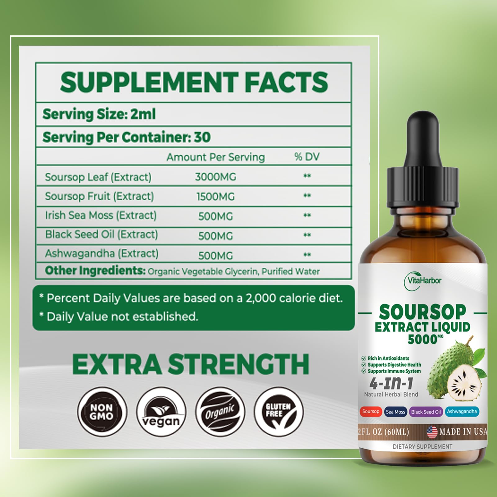 Blend of soursop oil, sea moss, black seed oil and ashwagandha ingredients