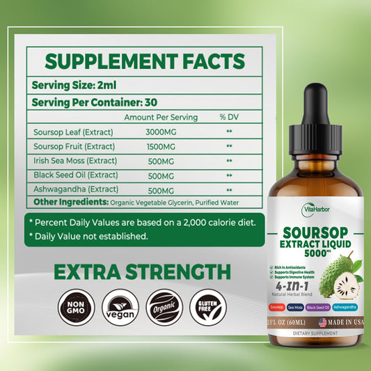 Blend of soursop oil, sea moss, black seed oil and ashwagandha ingredients