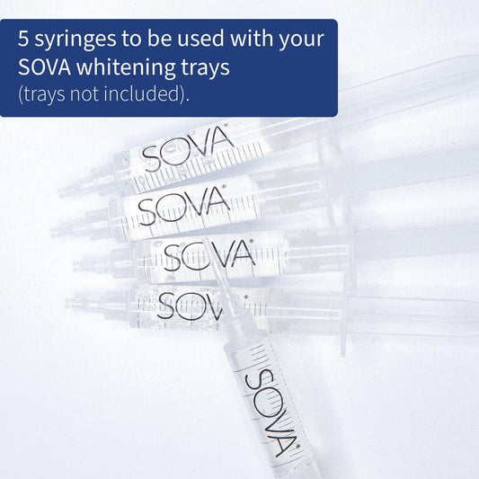 Close-up of SOVA White whitening gel syringe