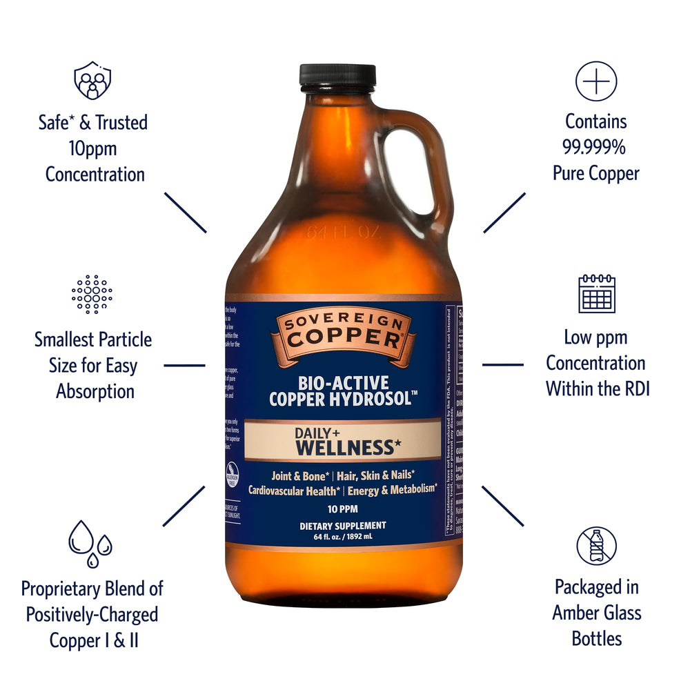 Sovereign Copper Daily+ wellness bottle being poured for easy daily use.