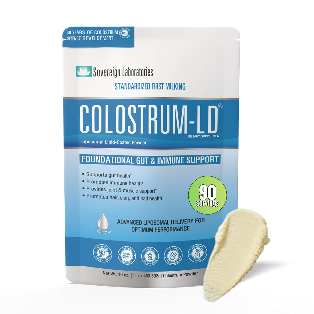 Sovereign Laboratories Colostrum-LD bottle demonstrating liposomal delivery for enhanced absorption.