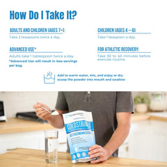 Daily-use powder in a glass with water for convenient gut support.