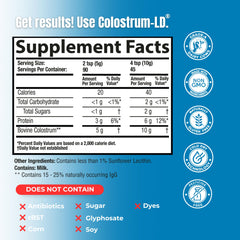 Colostrum-LD label close-up highlighting immunoglobulins and lactoferrin.