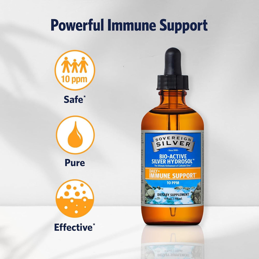 Front label showing Sovereign Silver Immune Support and 10 ppm