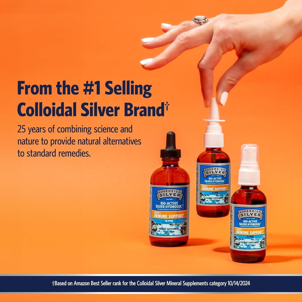 Lifestyle shot of Sovereign Silver Immune Support product on a clean surface