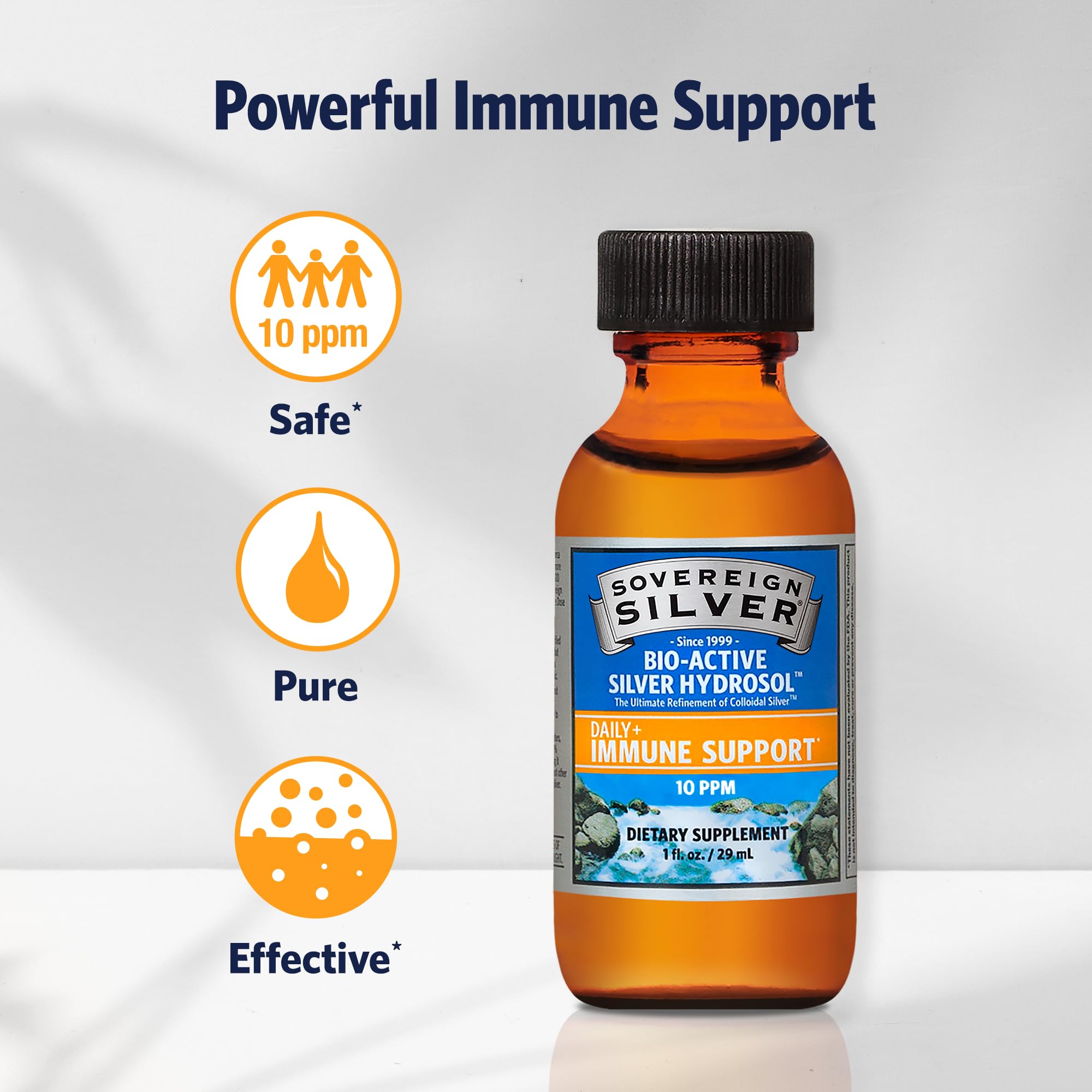 Pouring close-up of Sovereign Silver Immune Support liquid