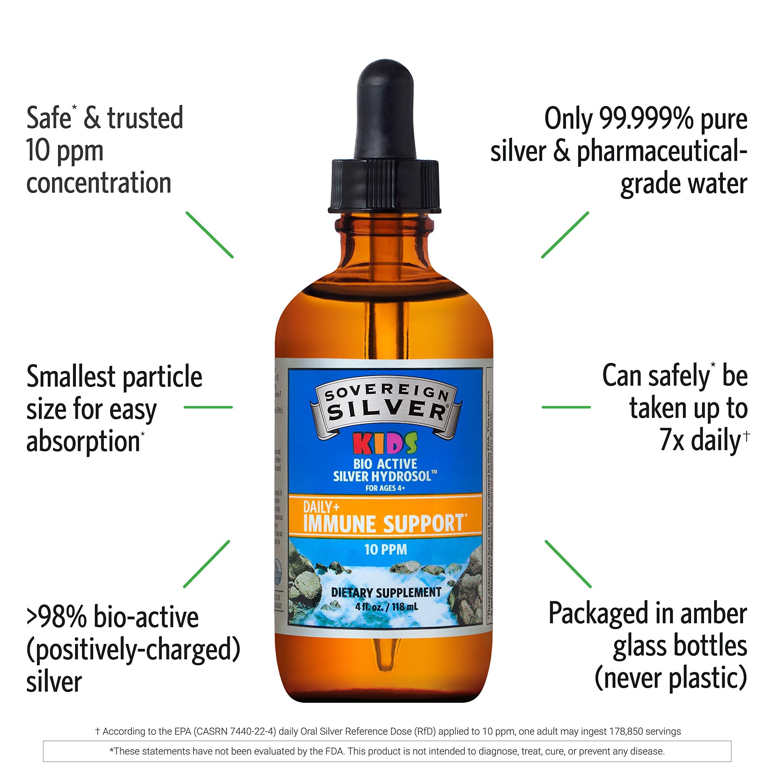 Amber glass bottle of Sovereign Silver Kids Immune Support