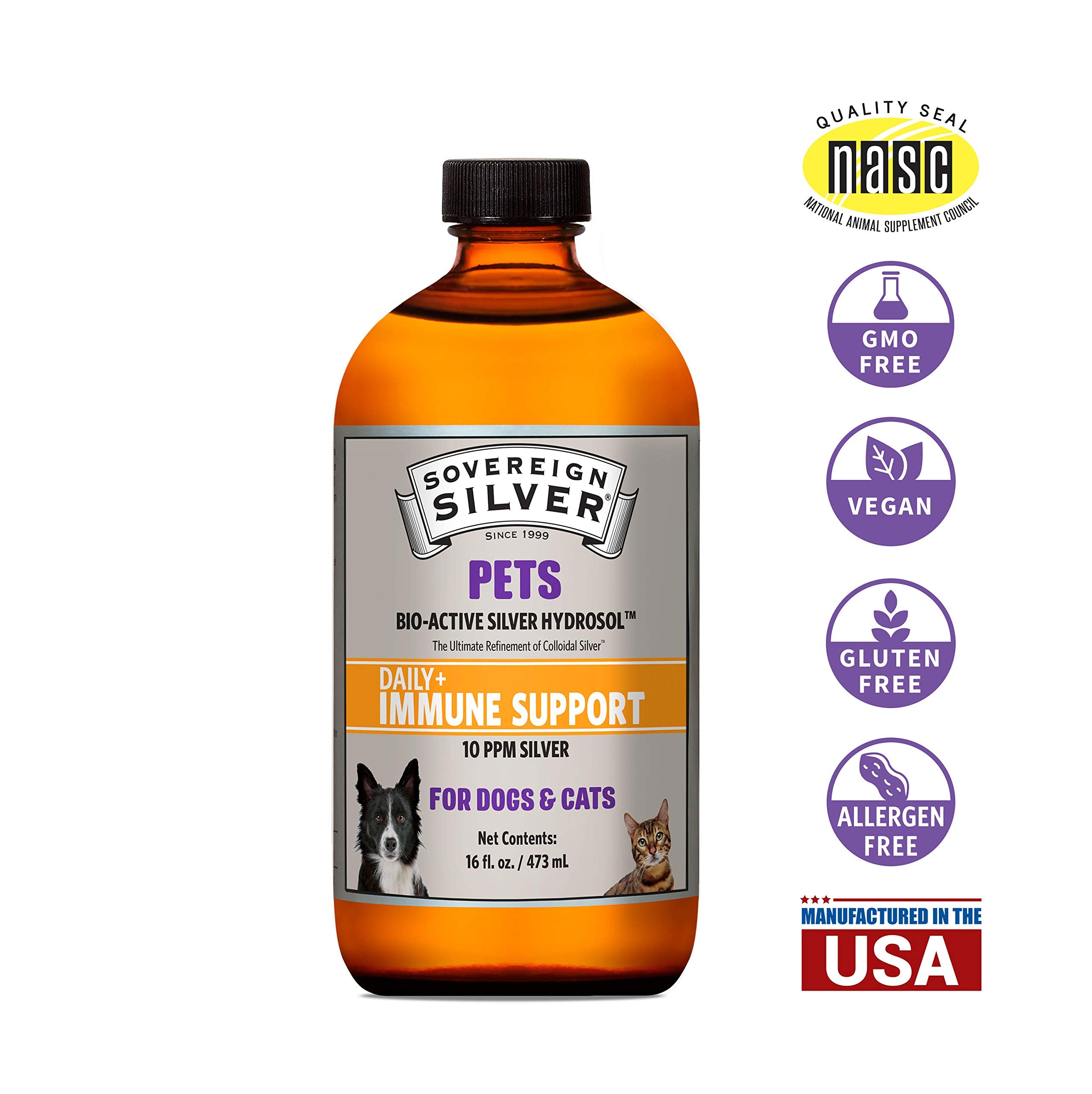 Sovereign Silver Pets 10 ppm liquid highlights nano-particle safety for pets.