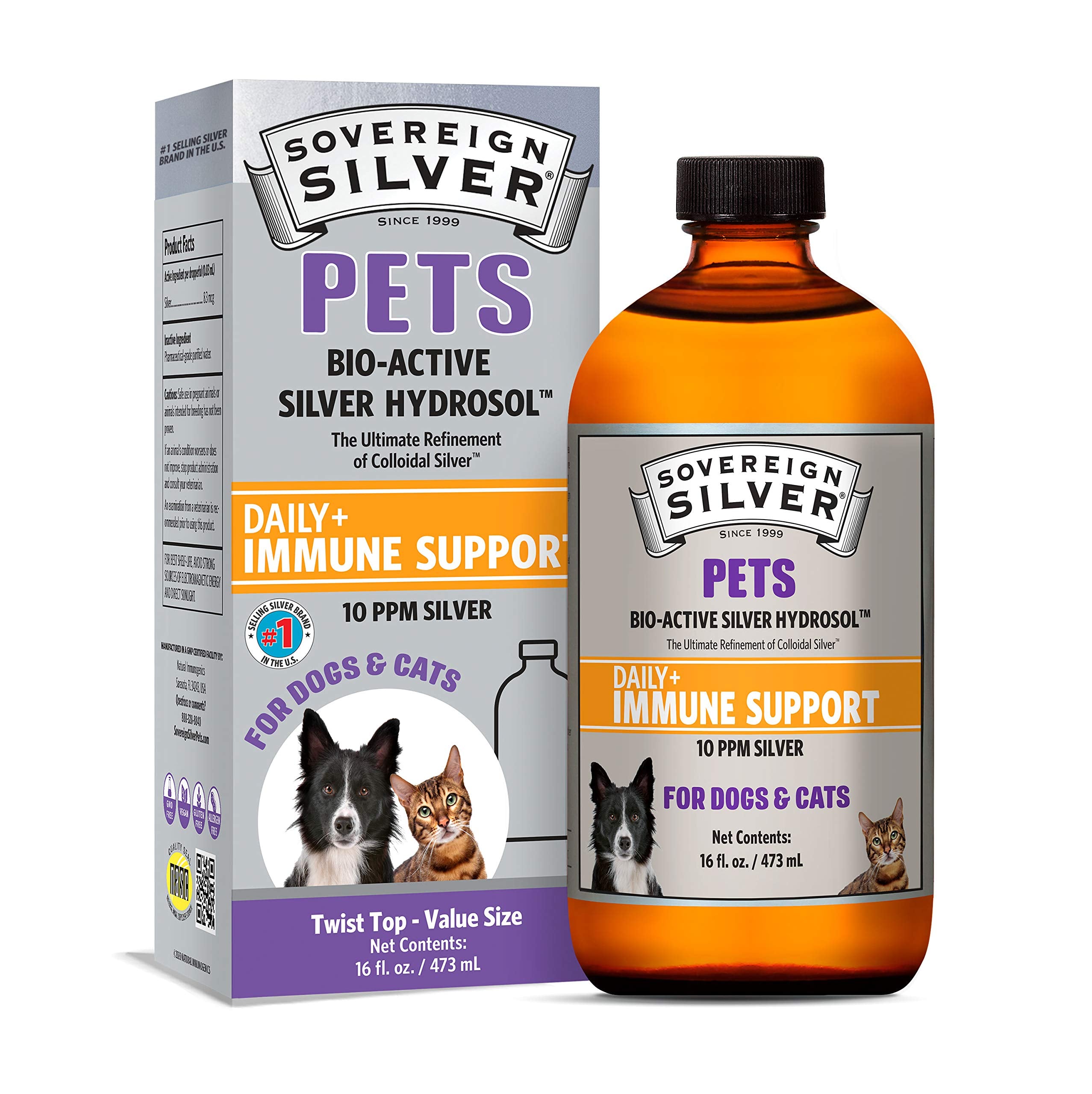Sovereign Silver Pets bottle close-up showing 10 ppm colloidal silver for gentle pet support.