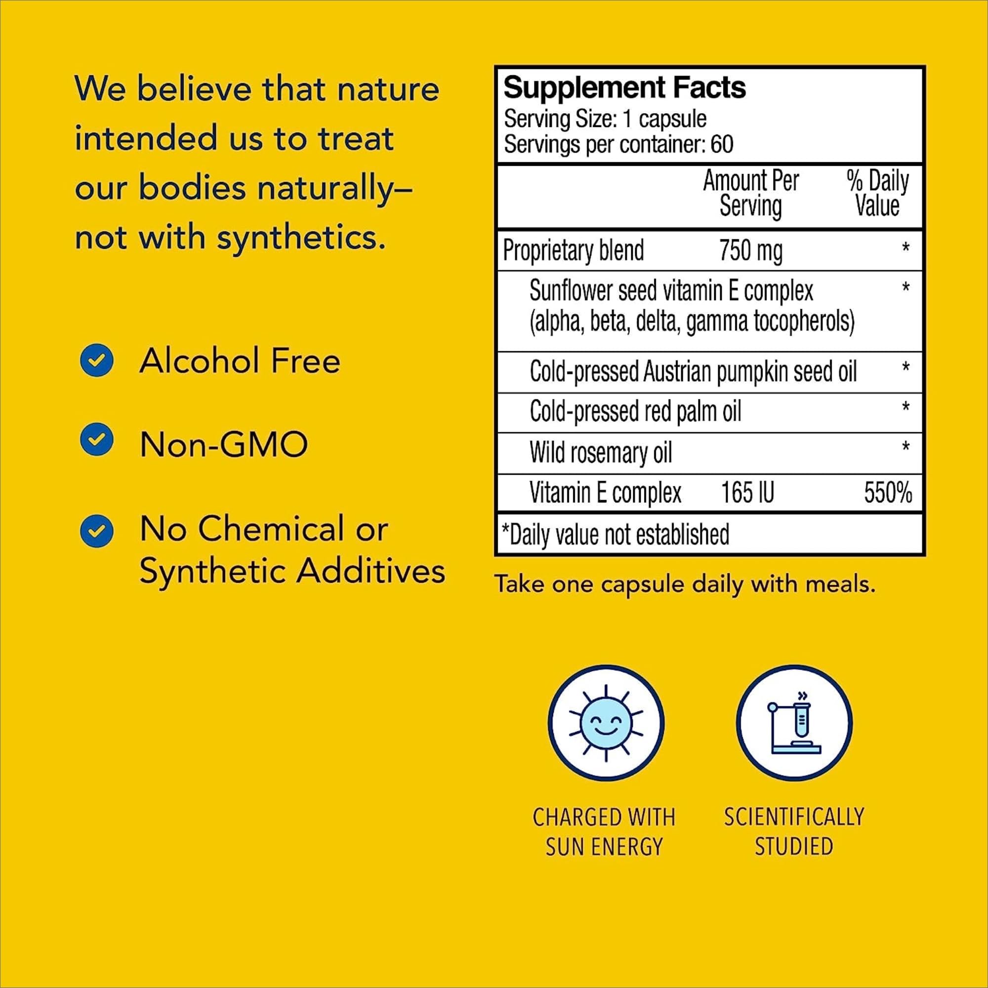 Label highlighting soy-free and non-GMO vitamin E source
