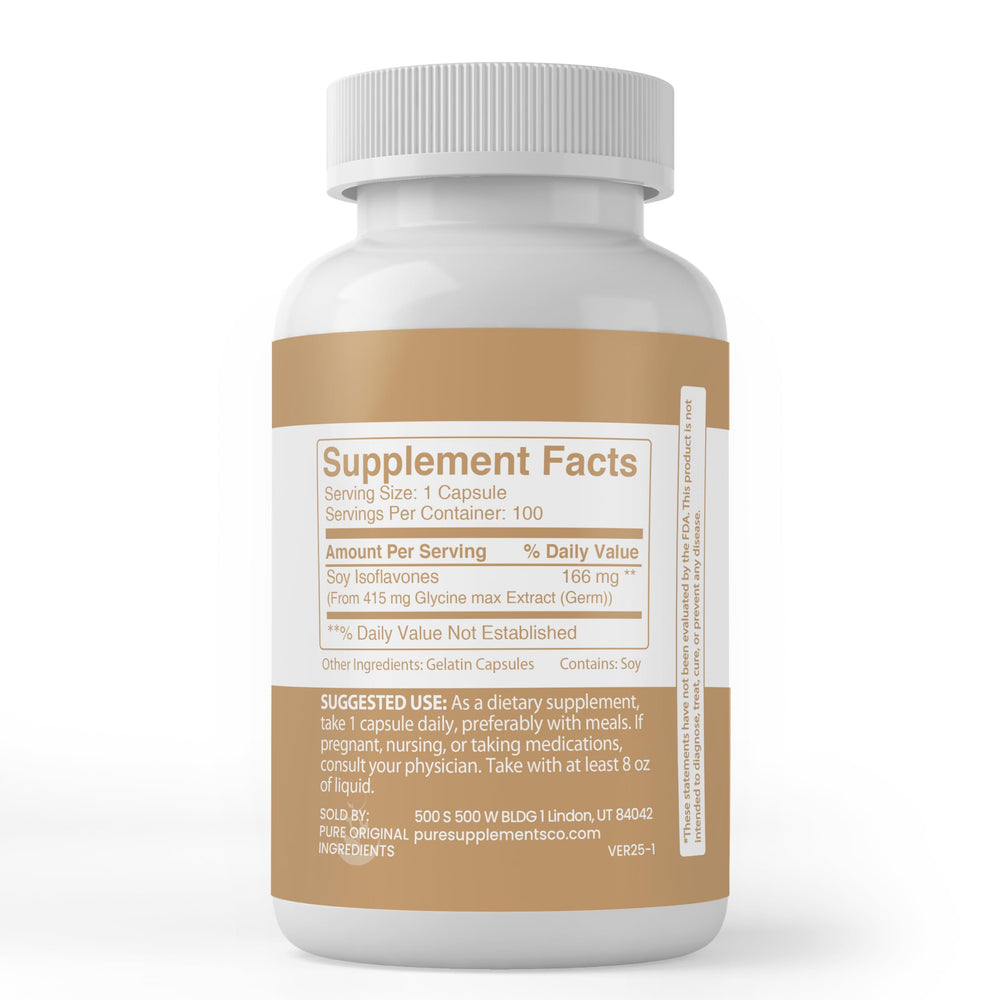 Close-up of Soy Isoflavones capsules with pure ingredients