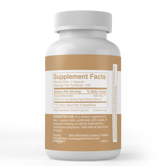 Close-up of Soy Isoflavones capsules with pure ingredients