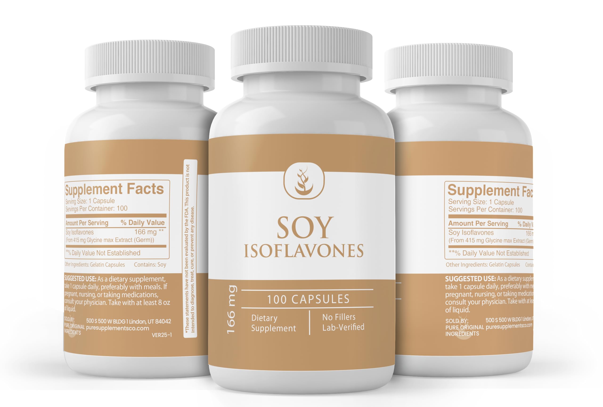 Bottle of soy isoflavones capsules with pure original ingredients