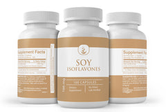 Bottle of soy isoflavones capsules with pure original ingredients