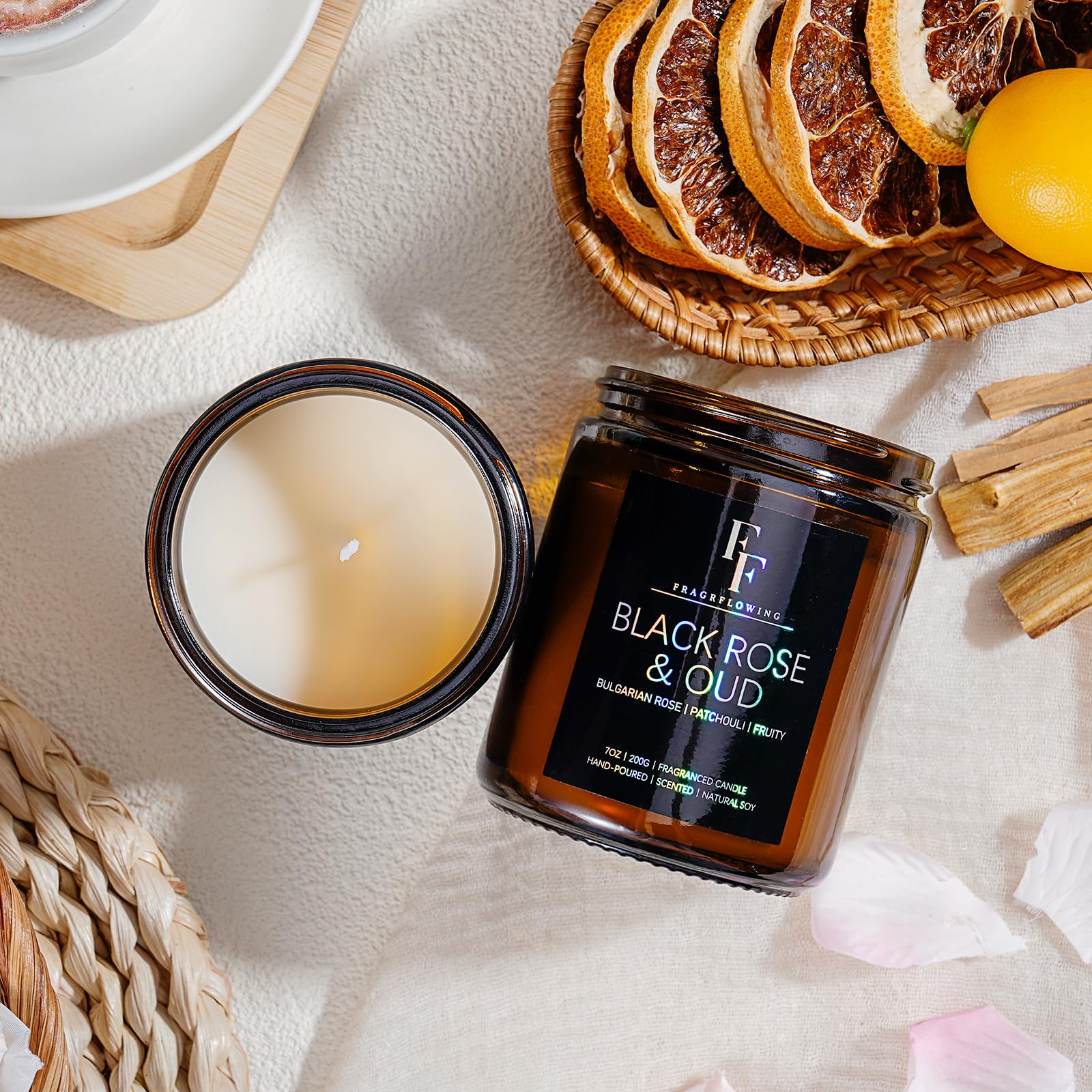 7oz amber jar soy wax candle on surface