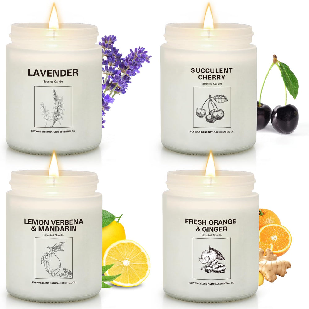 4-pack soy wax candle gift set with lavender, orange, and lemon scents