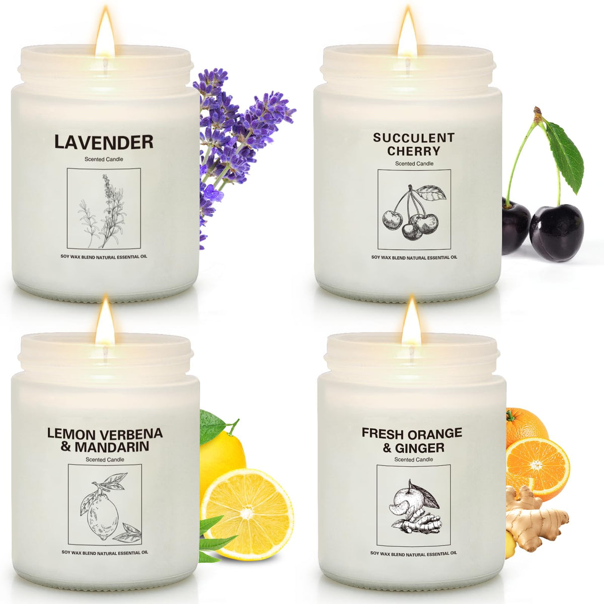 4-pack soy wax candle gift set with lavender, orange, and lemon scents