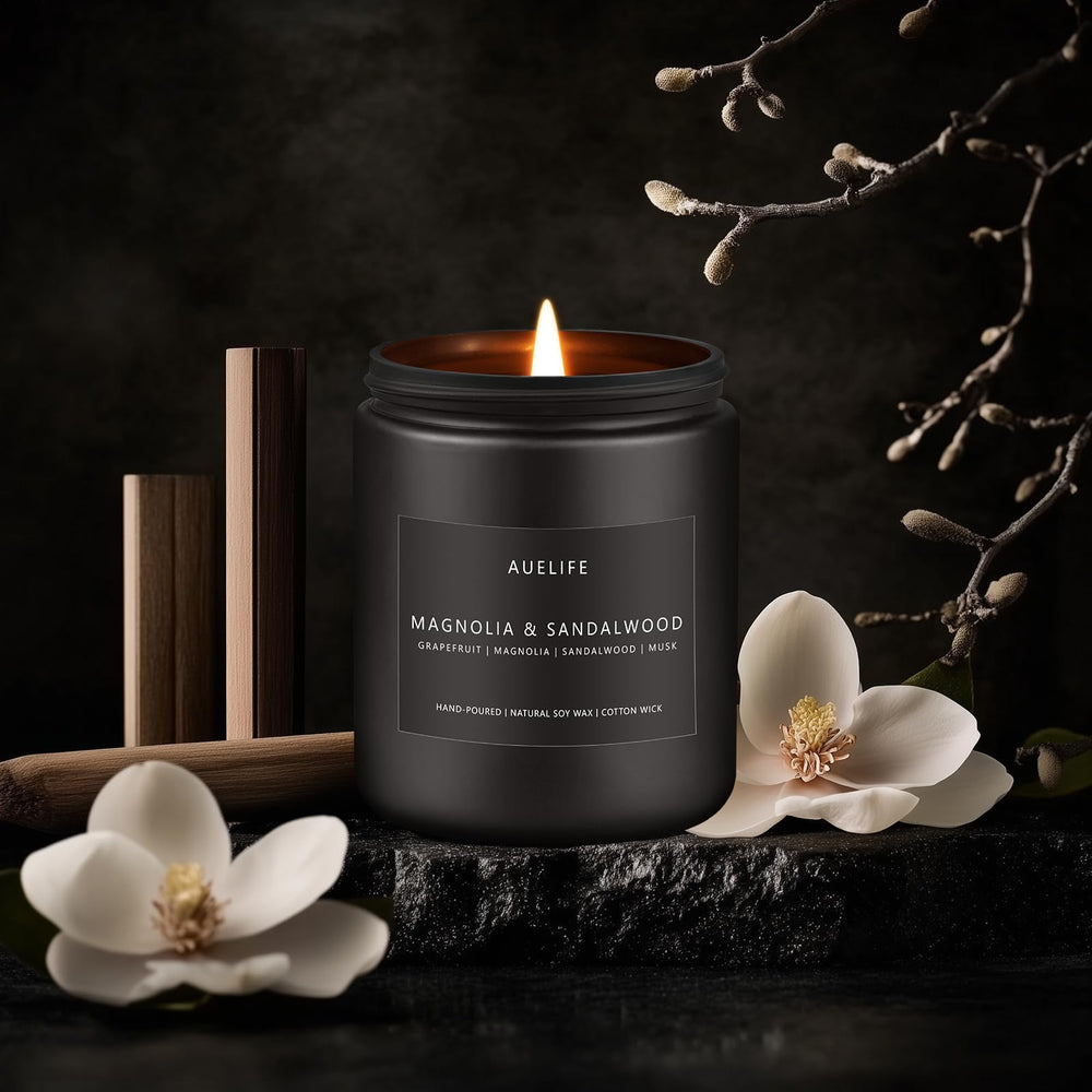 Soy wax candle burning in a masculine room setting