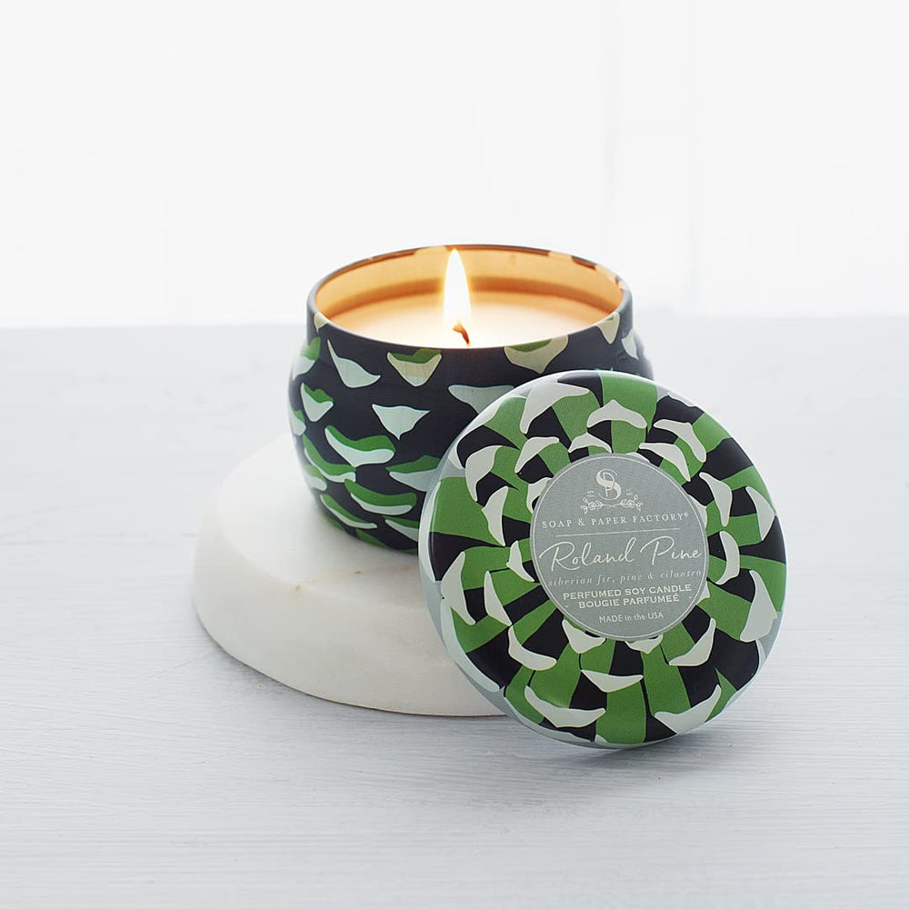 100% soy wax candle with cotton wick in Roland Pine tin
