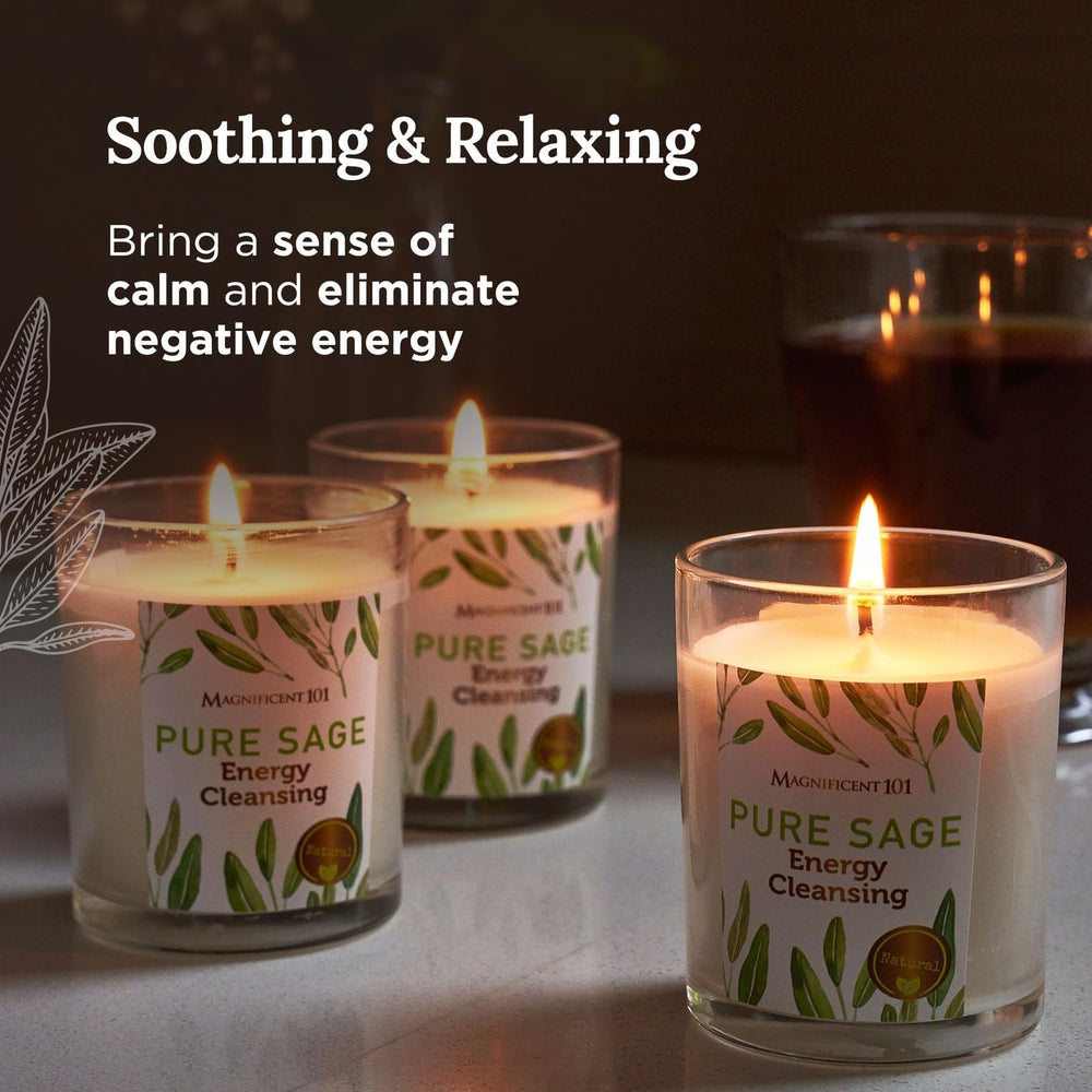 Close-up showing 42-hour burn time on sage smudge candle