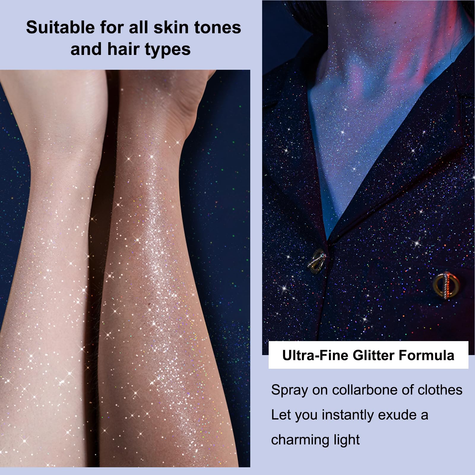 SOYUB Body Glitter Spray on hair for vivid stage shimmer.