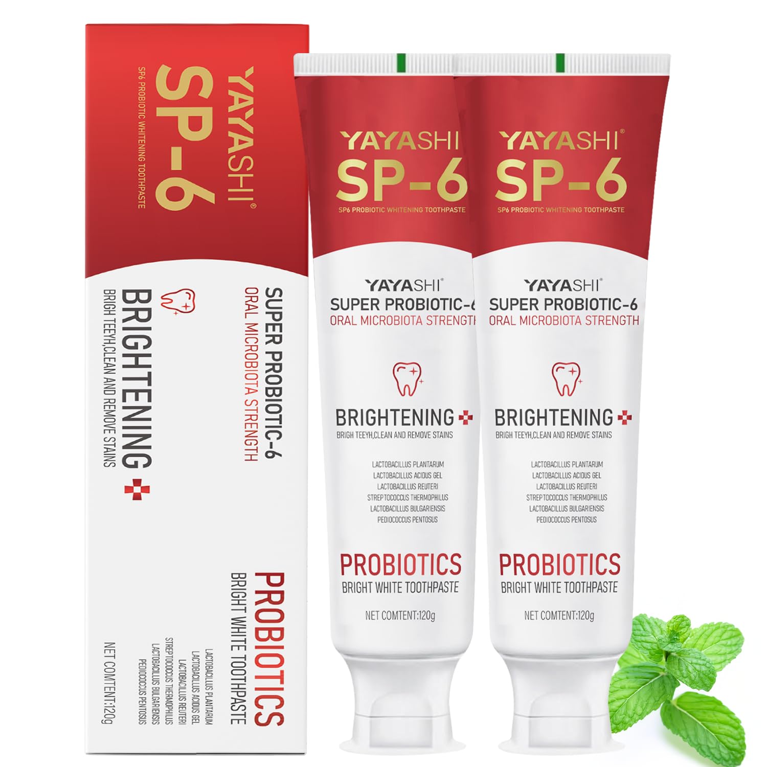 Two-pack SP-6 Probiotic Whitening Toothpaste in a display box
