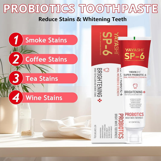 Close-up of SP-6 toothpaste tube with '6 Probiotics' label