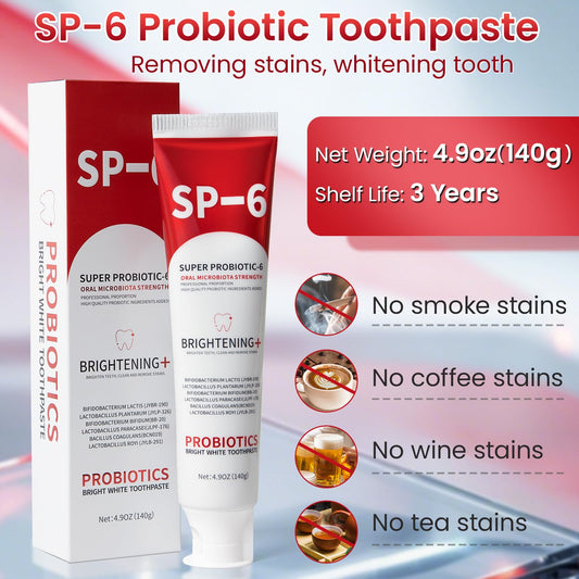 Close-up of SP-6 probiotic whitening toothpaste tube