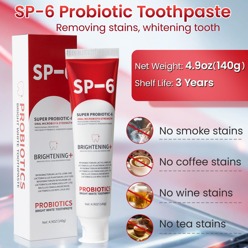 Close-up of SP-6 probiotic toothpaste tube