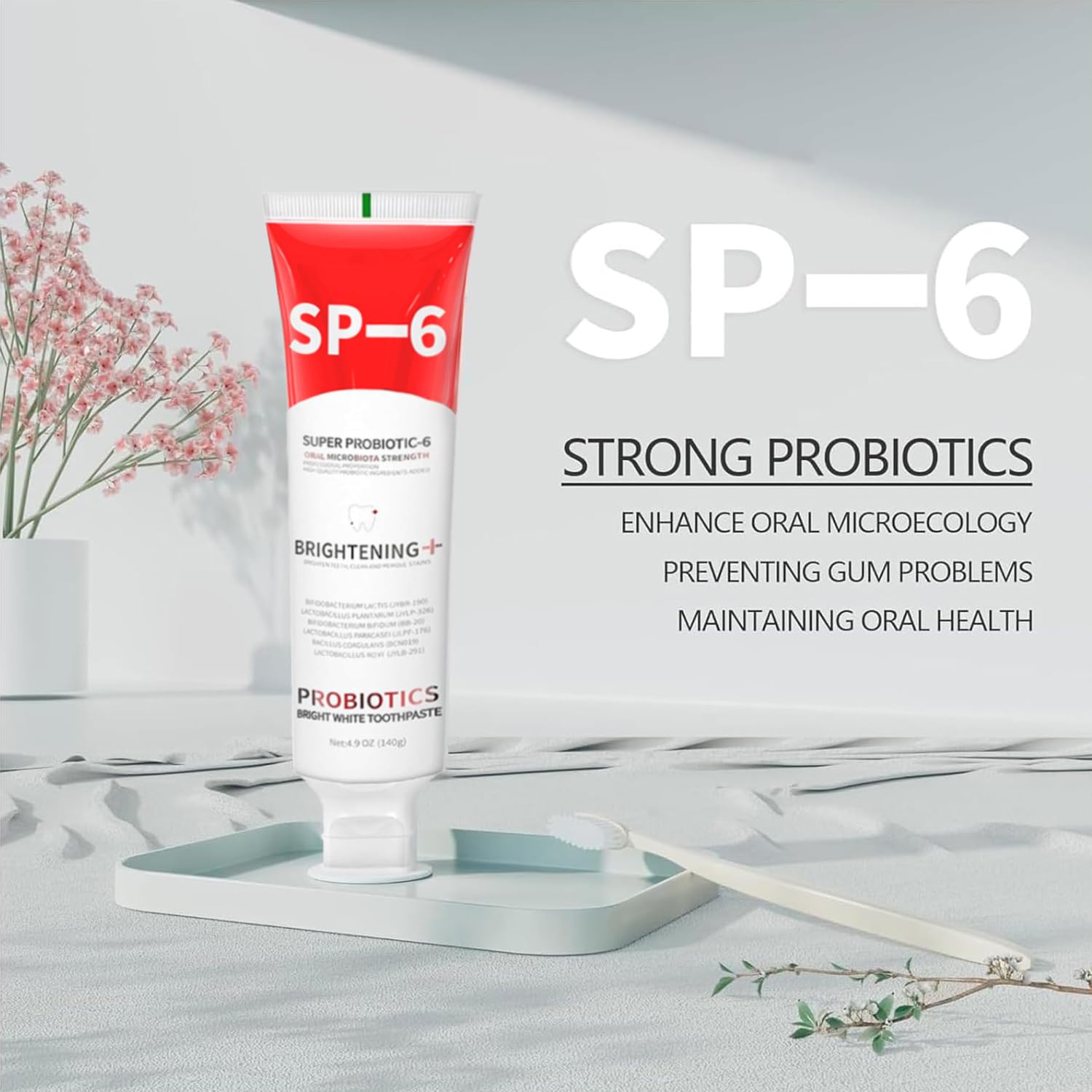 Close-up of 6 probiotic formula label on Sp-6 toothpaste