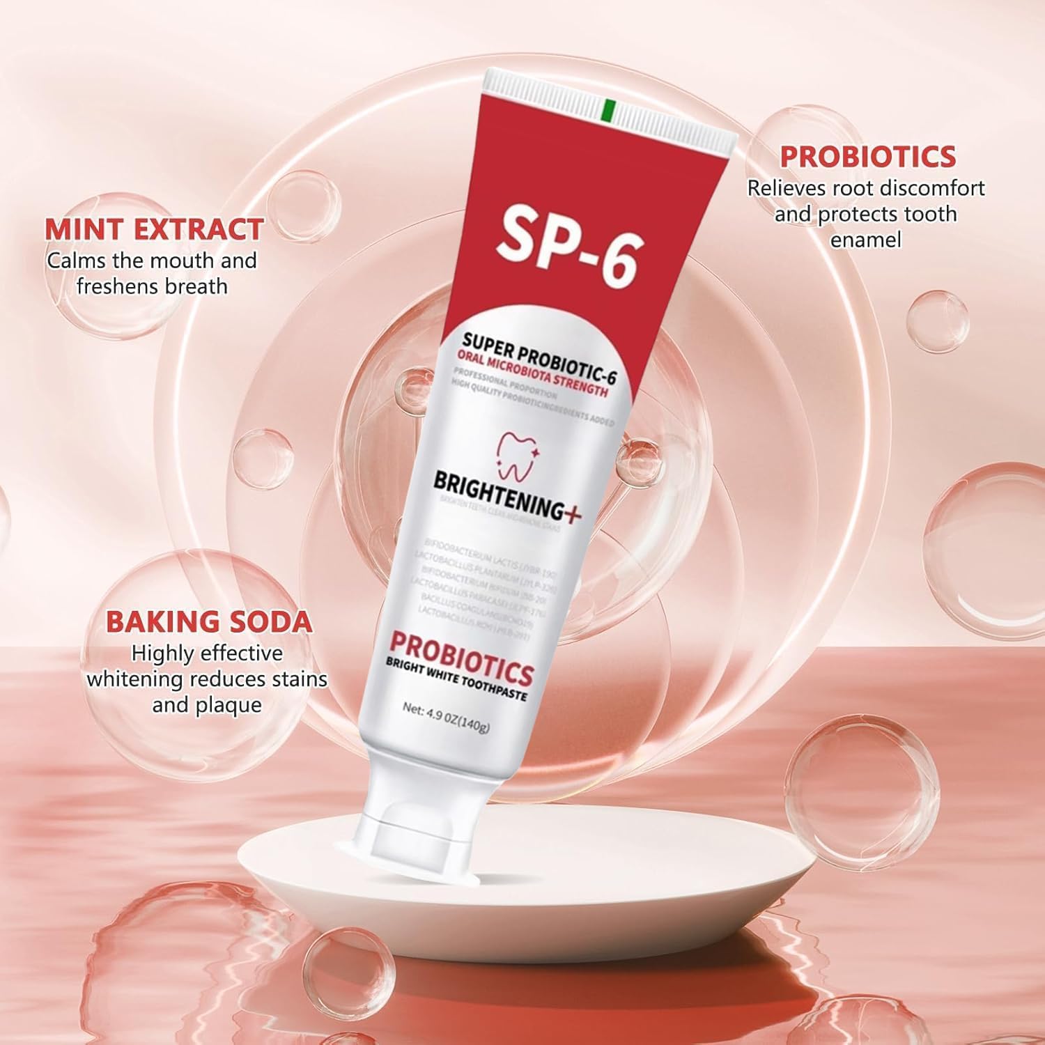SP-6 Probiotics toothpaste packaging on white background
