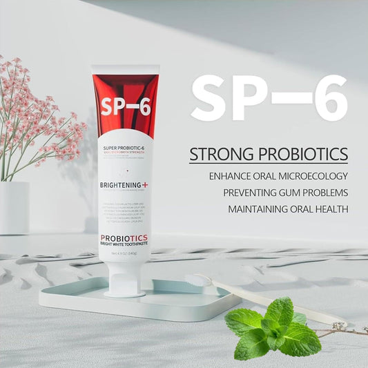 Close-up of SP-6 toothpaste tube highlighting enamel-safe formula