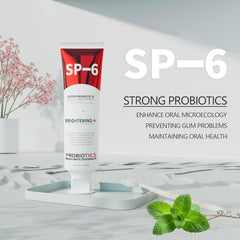 Close-up of SP-6 toothpaste tube highlighting enamel-safe formula