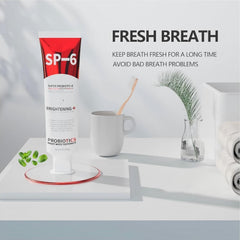 SP-6 Probiotics Whitening Toothpaste label showing fluoride-free formula