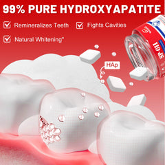 Graphic showing enamel repair with hydroxyapatite (40% faster)