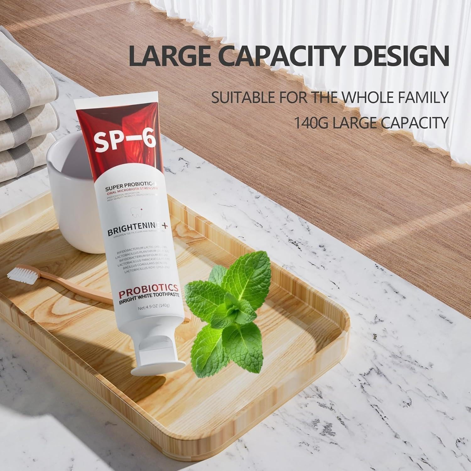 SP-6 mint flavor toothpaste with fresh breath imagery