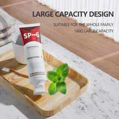 SP-6 mint flavor toothpaste with fresh breath imagery