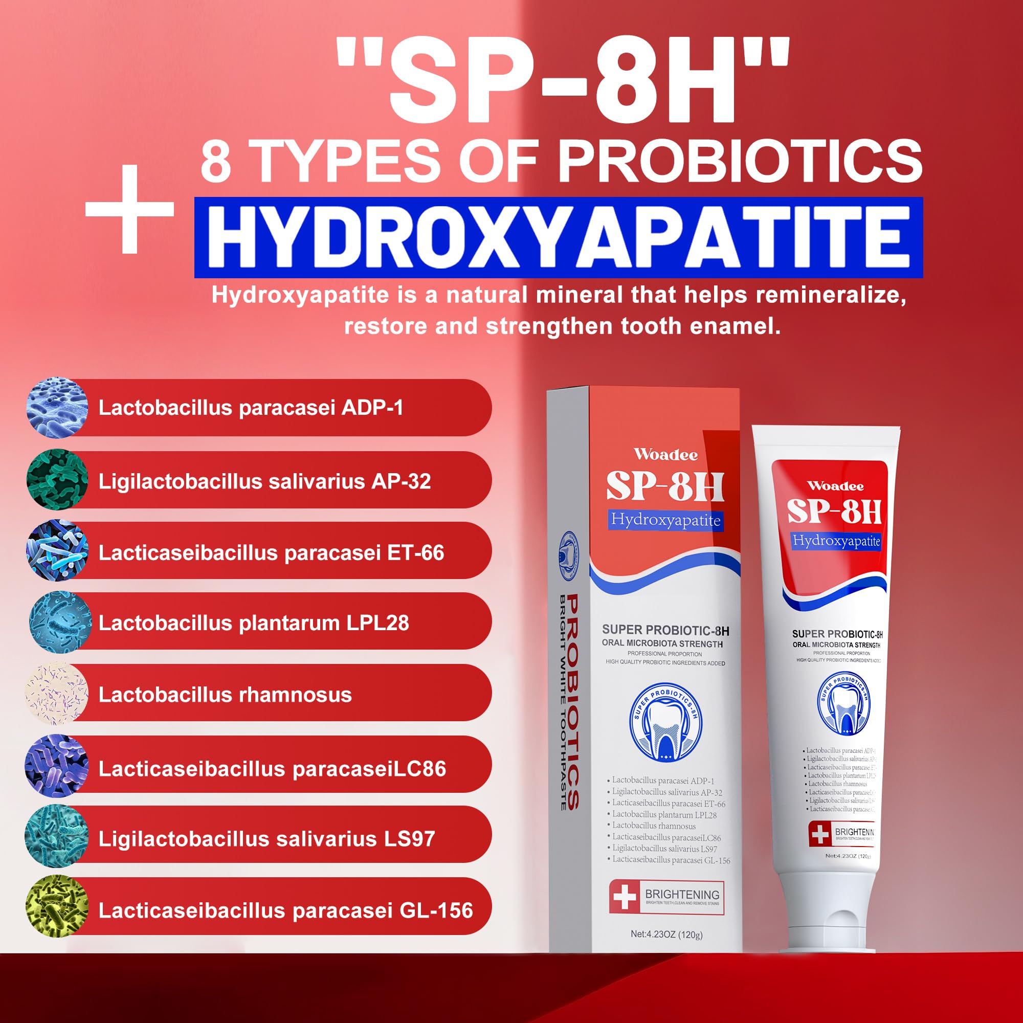 Close-up of SP-8 label and ingredients including hydroxyapatite and probiotics