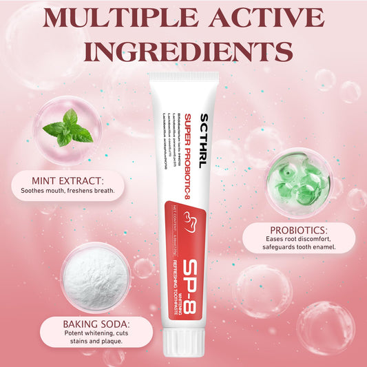 Close-up of SP-8 Probiotic toothpaste applying whitening formula