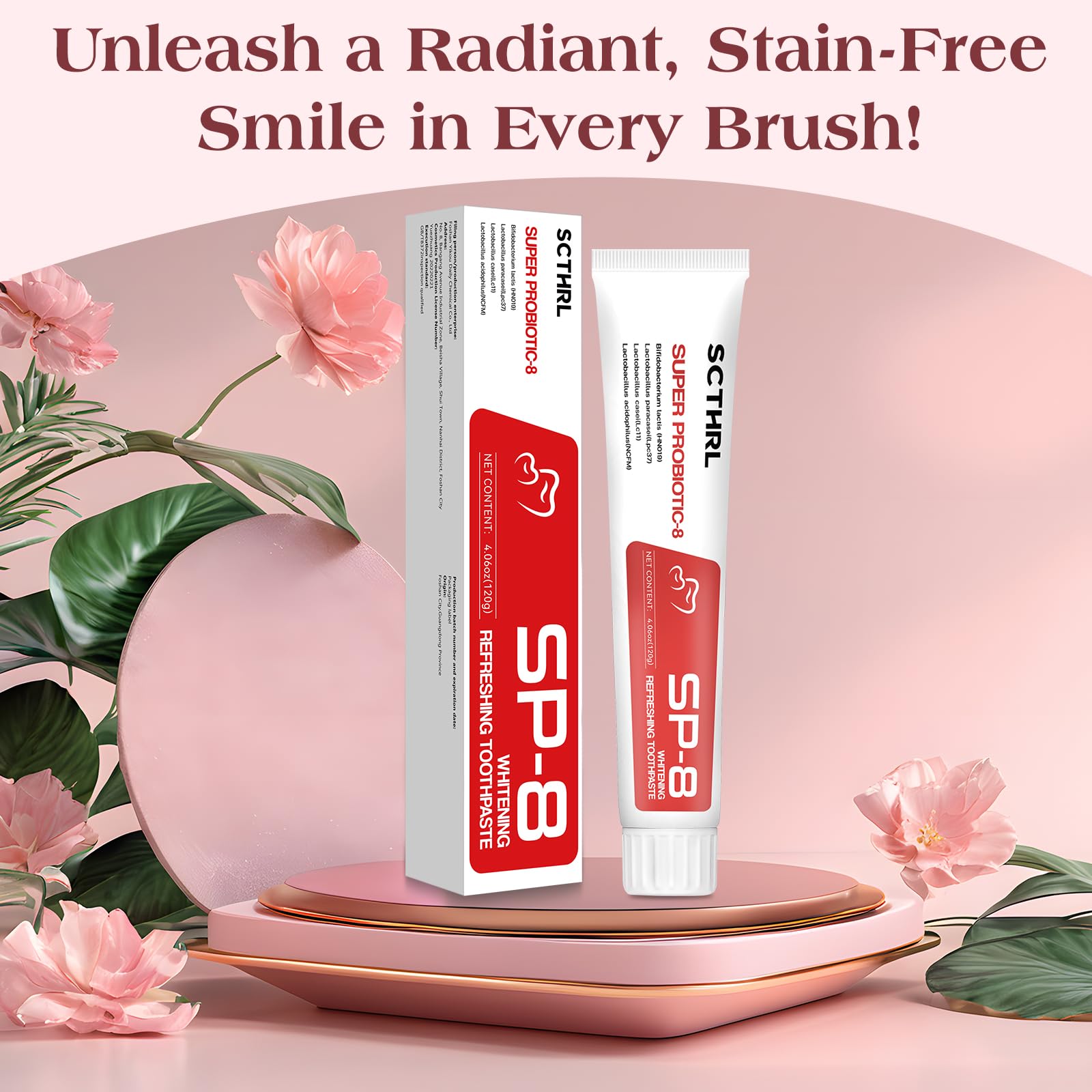 SP-8 Probiotic toothpaste product shot with eco-friendly packaging