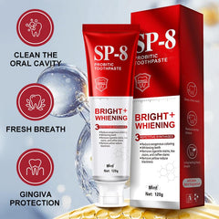 Probiotic strains illustration on SP-8 toothpaste packaging