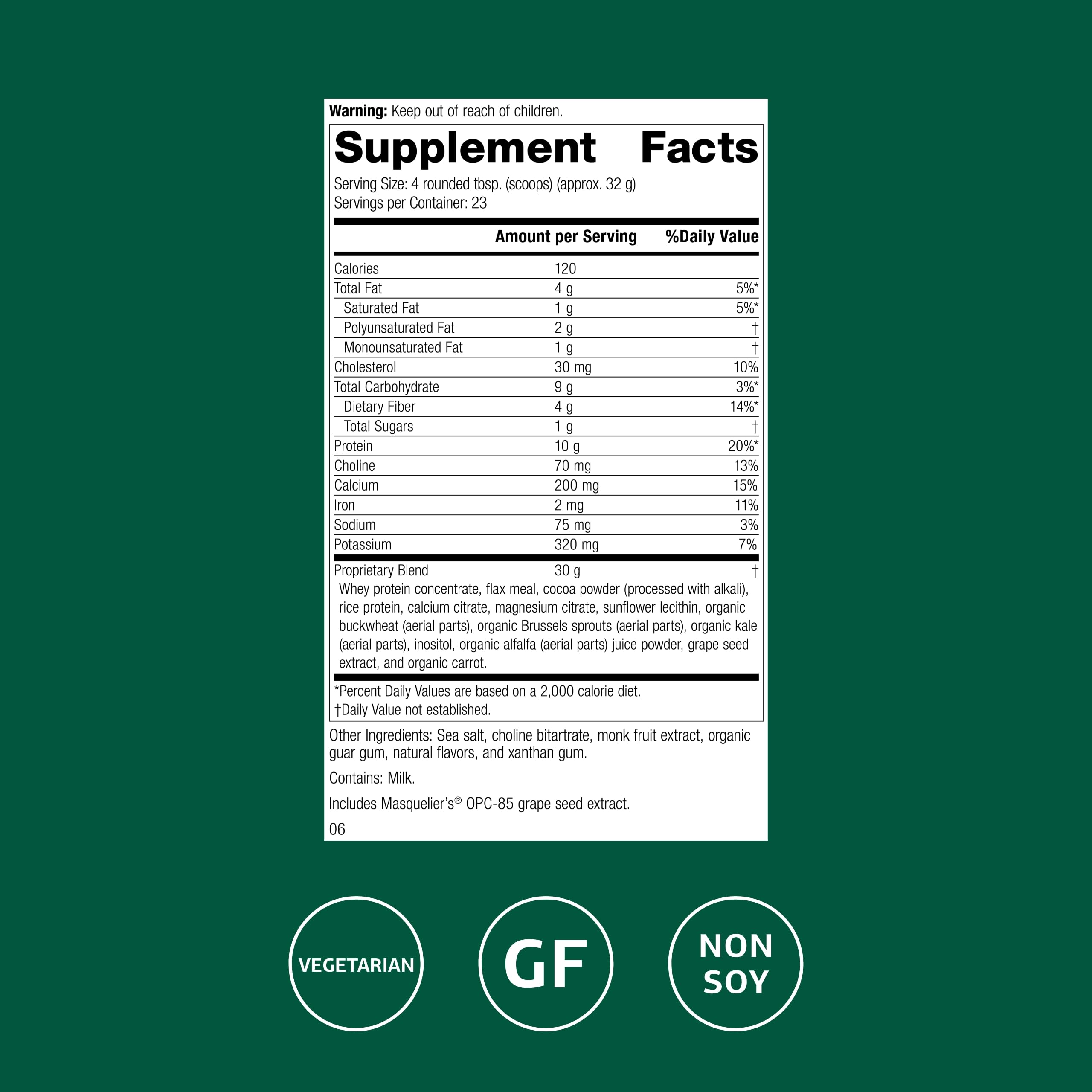Back view of SP Complete container showing nutrition and ingredients