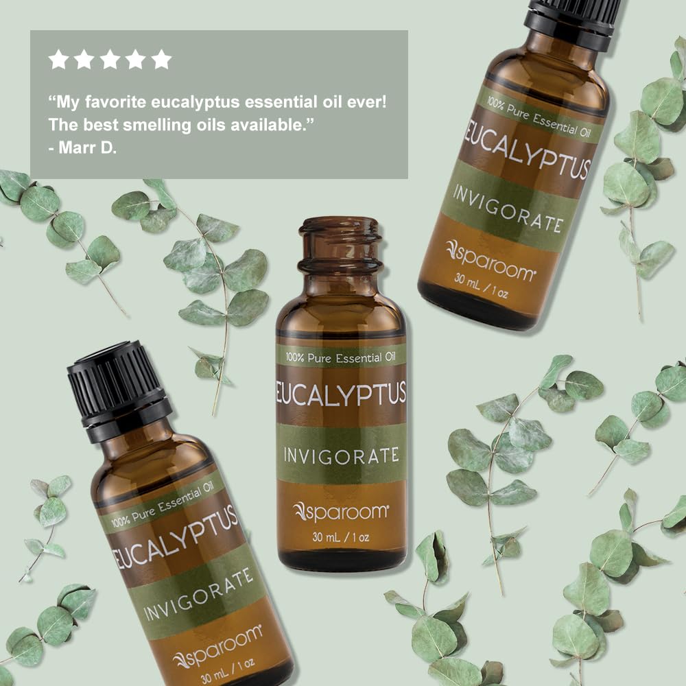 SpaRoom Eucalyptus essential oil label showing 100% pure and undiluted